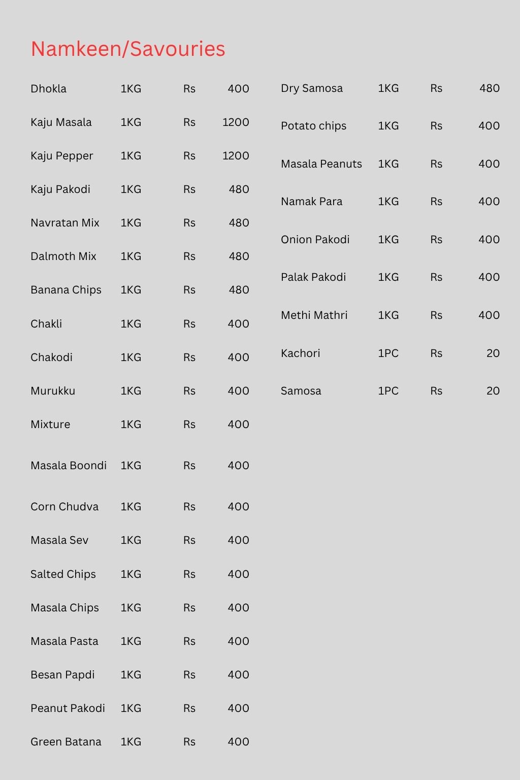 Sankla Sweets Menu 2